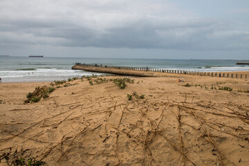 Stretch of Beach with Pier and Ships Anchored Offshore