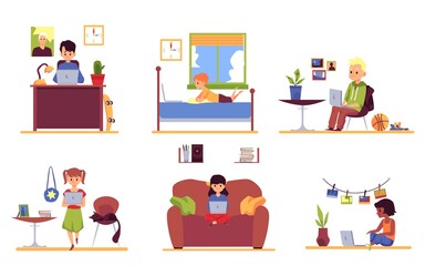 Children with laptops in their rooms - isolated set of cartoon kids