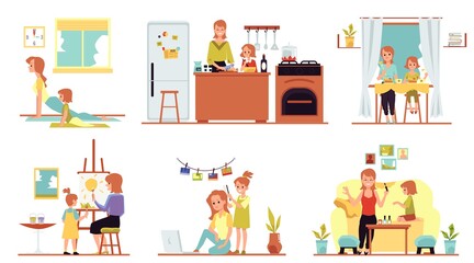 Family relations of mother and daughter flat vector illustrations set isolated.