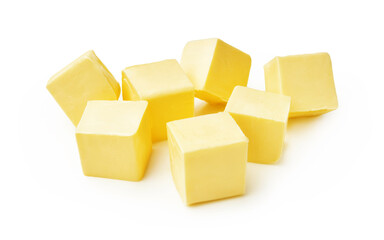 Pieces of butter isolated on white background. Butter cubes.