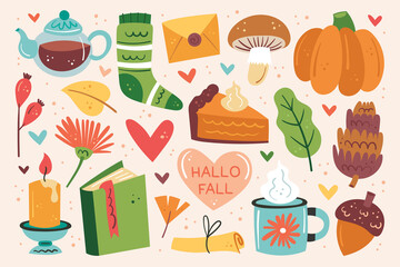 Hello fall. Autumn clip art, set of elements. Pumpkin pie, cup, tea, mushroom, sock, candle, book, flower, leaf, heart, letter.