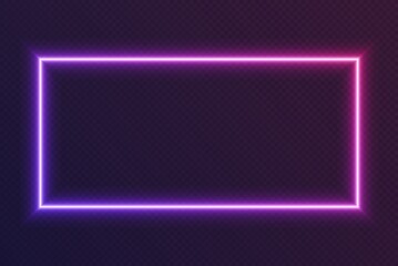 Neon gradient rectangular frame, blue-pink glowing border isolated on a dark background. Colorful night banner, bright illuminated shape, cyberpunk style vector light effect. © Likanaris