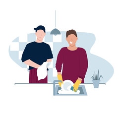 Everyday home routine, daily life. Men couple, homosexual boys. Two guys wash dishes in the kitchen. Isolated vector illustration in cartoon style