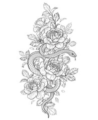 Vector Twisted Snake and Rose Flowers