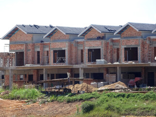 SEREMBAN, MALAYSIA -APRIL 07, 2020: New double story luxury terrace house under construction in Malaysia.  Designed by an architect with a modern and contemporary style. 