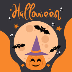 Halloween background. Vector illustration with pumpkins, bat, halloween candy, moon.