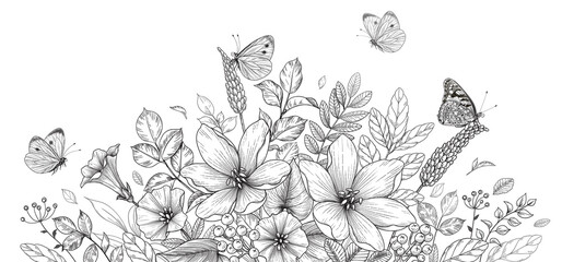 Hand Drawn Wild Flowers  and  Flying Butterflies - 374813160