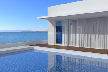 Fototapeta na wymiar luxury beach house with sea view swimming pool, empty wood terrace, 3D rendering