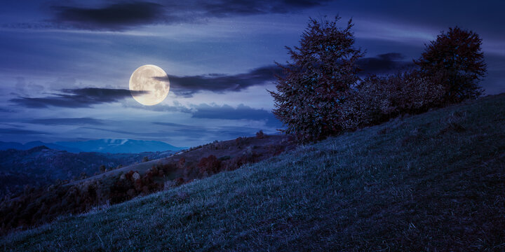 autumnal rural landscape at night. beautiful countryside in mountains. trees in fall foliage on green rolling hills. dramatic clouds above the distant ridge