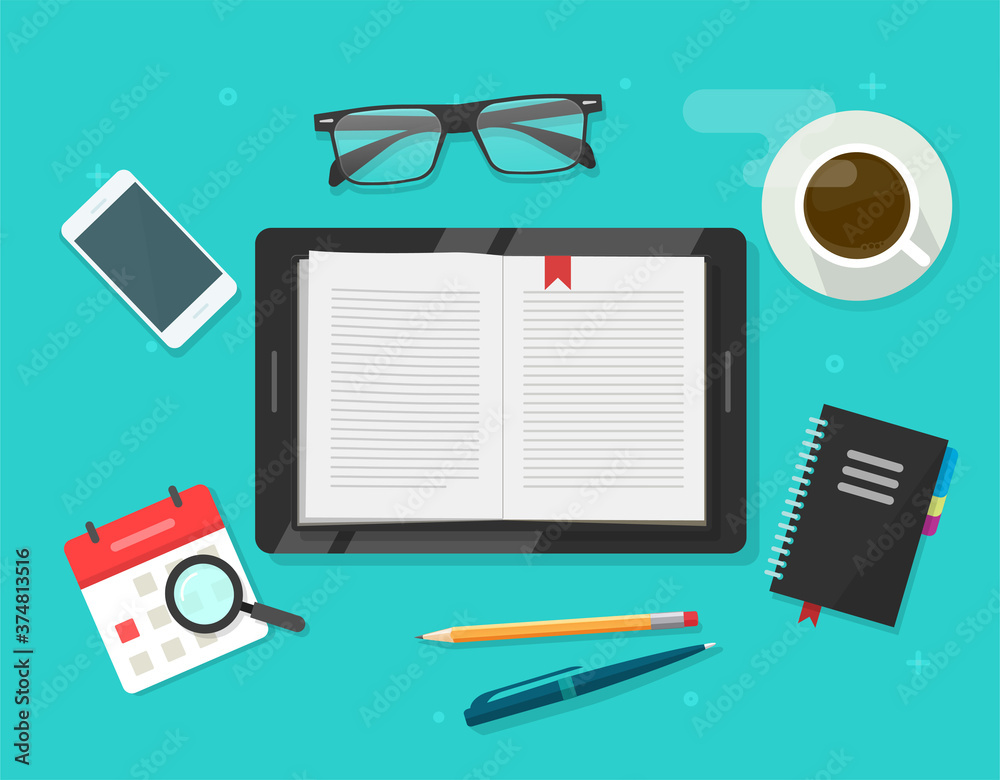 Poster digital book reading, electronic notebook reader on tablet computer vector flat cartoon illustration