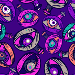 Vector seamless abstract pattern of ornamental eyes in test tube in purple color
