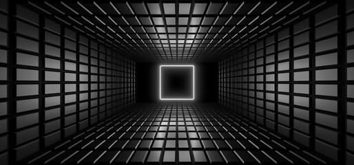 A dark corridor lit by white neon lights. Reflections on the floor and walls. 3d rendering image.