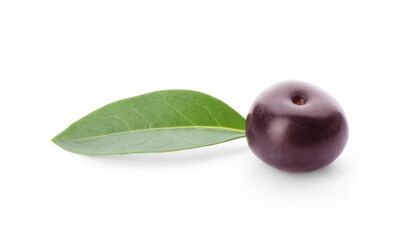 Fresh ripe acai berry with leaf isolated on white