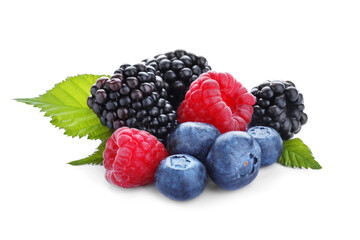 Mix of different fresh berries isolated on white