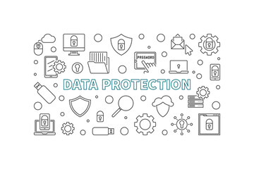 Fototapeta na wymiar Data Protection concept minimal horizontal illustration in outline style. Vector banner