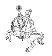 Fototapeta na wymiar German bishop on horseback. Holy knight drawing.