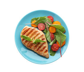 Tasty grilled chicken fillet with green basil and vegetables isolated on white, top view