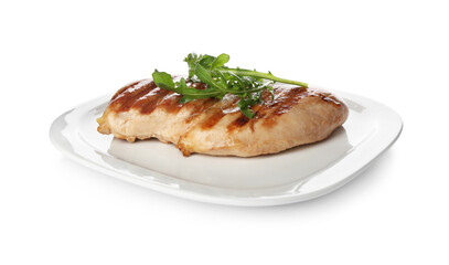 Tasty grilled chicken fillet with arugula isolated on white