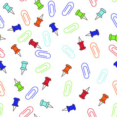 Seamless vector pattern with chancellery background isolated on white background. Pattern for school, office, university. Colorful illustration of paper clips and stationery buttons. 