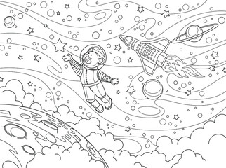 Black and white anti-stress paint. Contour painting. Cat cosmonaut in a space suit in weightlessness catches a star. For anti-stress books, relax. - Vector graphics