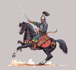 Medieval mounted knight. Heavy armored rider. Knight with sword illustration.  © Lunstream