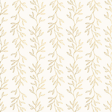 Fancy ornate pattern with botanical motif. Vector leaves background. Gold colour illustration.