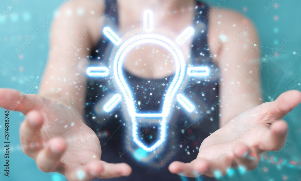 Aufkleber Woman using lightbulb neon digital interface 3D rendering