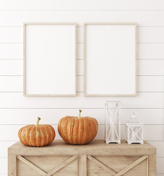 Mockup frame close up with pumpkins in interior background, 3d render