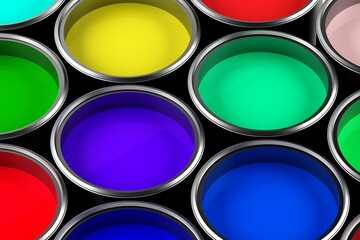 Group of multiple paint buckets filled with red, green, blue and yellow paint, home renovation or color concept