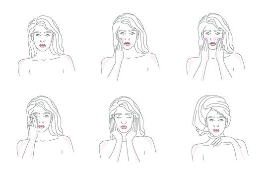 Hand painted outline drawing- woman in info graphic collection, Skin  care Icons set. 