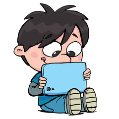 boy sits and looks at the tablet