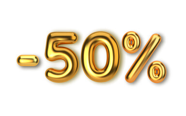 50 off discount promotion sale made of realistic 3d gold balloons.