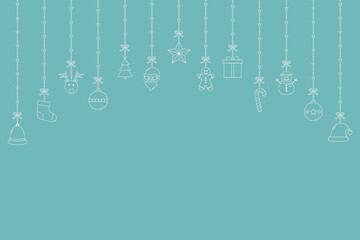 Hanging Christmas icons. Empty card with decorations and copyspace. Vector