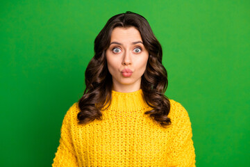 Portrait of funny careless joking girl have date with boyfriend send air funky kiss wear jumper...