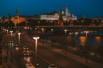 Obraz premium Streets of Moscow at night, night illumination and lights from cars