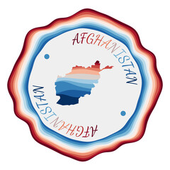 Afghanistan badge. Map of the country with beautiful geometric waves and vibrant red blue frame. Vivid round Afghanistan logo. Vector illustration.