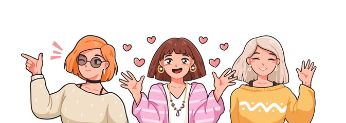 Group of funny female anime characters vector illustration in Japanese manga style. Portrait of three girls waving hand, winking, smiling in love isolated. Kawaii teenage with positive emotions - obrazy, fototapety, plakaty