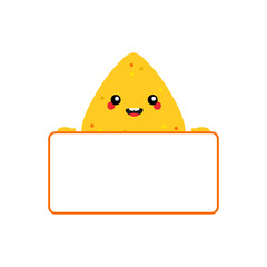 Cute cartoon style nachos, tortilla chip character holding in hands blank, empty card for quote or information.