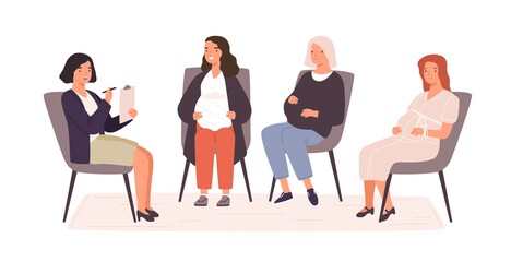 Group of pregnant women visited childbirth or psychology support courses vector flat illustration. Female couch speaking about pregnancy and maternity to audience at classroom isolated on white