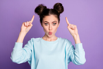 Close-up portrait of her she nice-looking attractive pretty funky cheery girl pointing at new hairdo pout lips isolated over violet purple lilac bright vivid shine vibrant color background