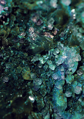 Iridescent natural tructured geometric Calcite crystals. Texture of gemstone specimen with scattered effect.