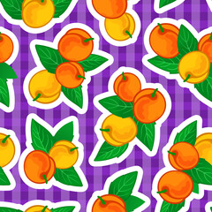 Seamless sticker style botanical pattern with apricots and leaves on gingham  background. Vector illustration.