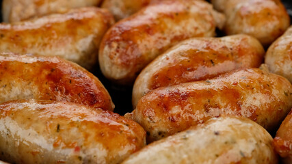 sausage fried on pan, close up