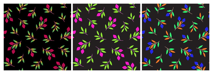 Set of bright seamless patterns with branches, berries and leaves. Repeat abstract botanical patterns. Vector illustration.