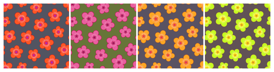 Fototapeta na wymiar Set of multicolored seamless patterns with flowers on dark background. Repeat abstract botanical patterns. Vector illustration.