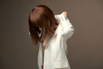 Stylish girl in evening wear gesticulate with hands