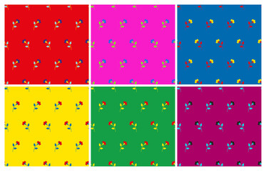 Naklejka premium Bright multicolored minimalist repeat botanical pattern. Horizontal rows of flowers with stems and leaves. Symmetrical geometric seamless pattern. Vector illustration.