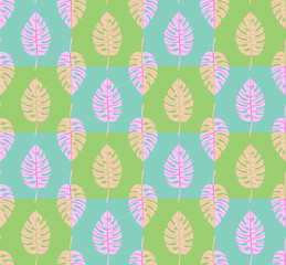Light geometric seamless pattern with vertical rows of staggered monstera tropical leaves with veins. Repeat symmetrical chess grid order botanical pattern. Vector illustration.