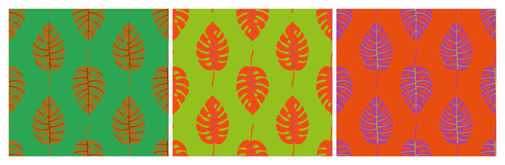 Set of bright geometric seamless patterns with vertical rows of monstera tropical leaves with veins. Repeat symmetrical botanical patterns. Vector illustration.