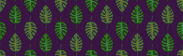 Fototapeta na wymiar Geometric seamless pattern with diagonal rows of monstera tropical leaves with veins. Repeat symmetrical botanical pattern. Vector illustration.